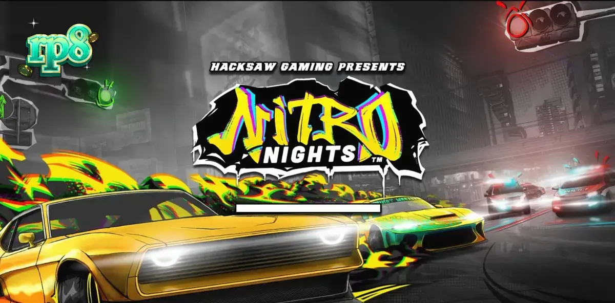 Tampilan layar permainan slot Nitro Nights dengan tema balap jalanan neon